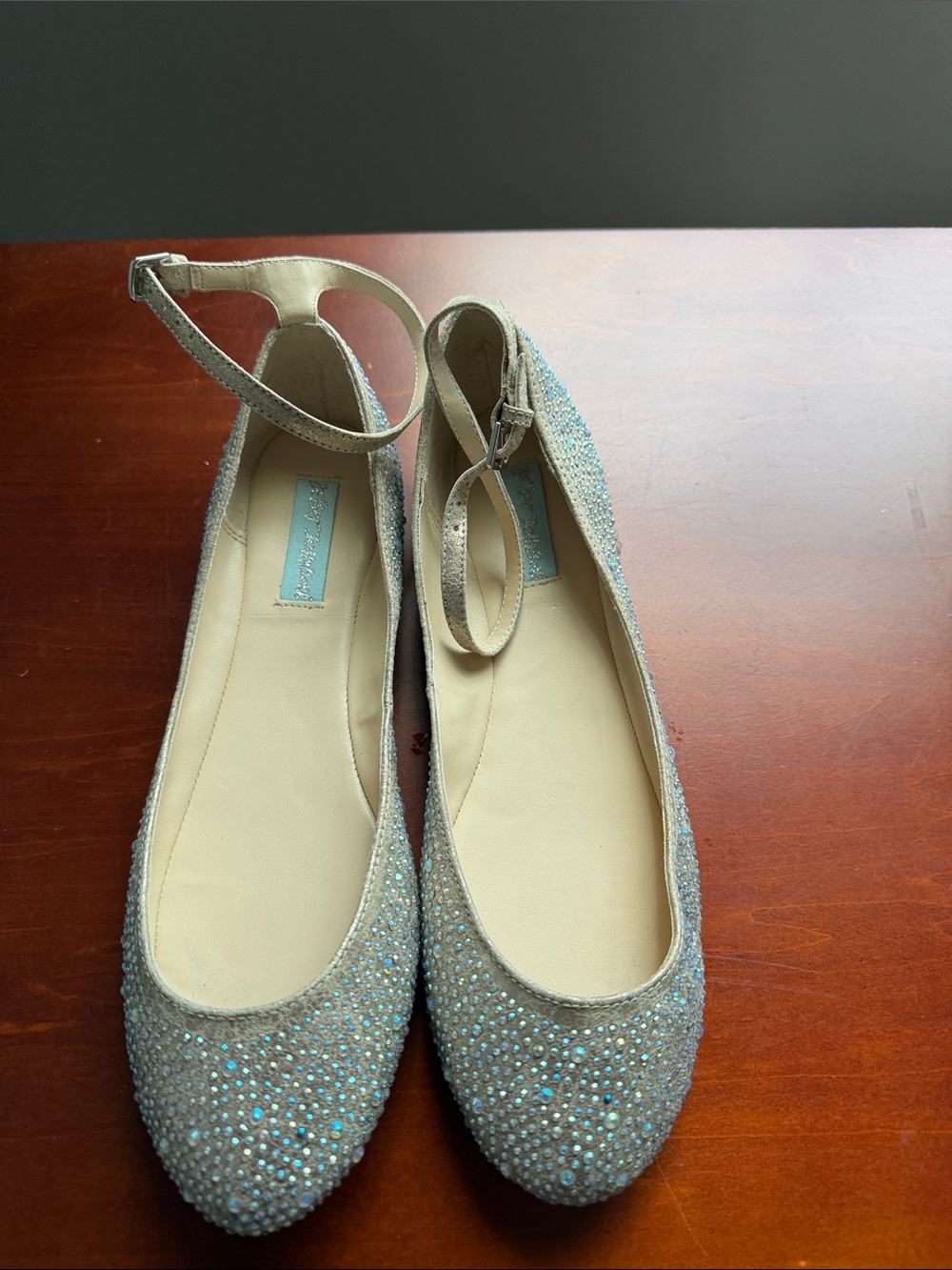 Betsey Johnson Crystal Ballet Flats with Ankle Strap in Silver Blue